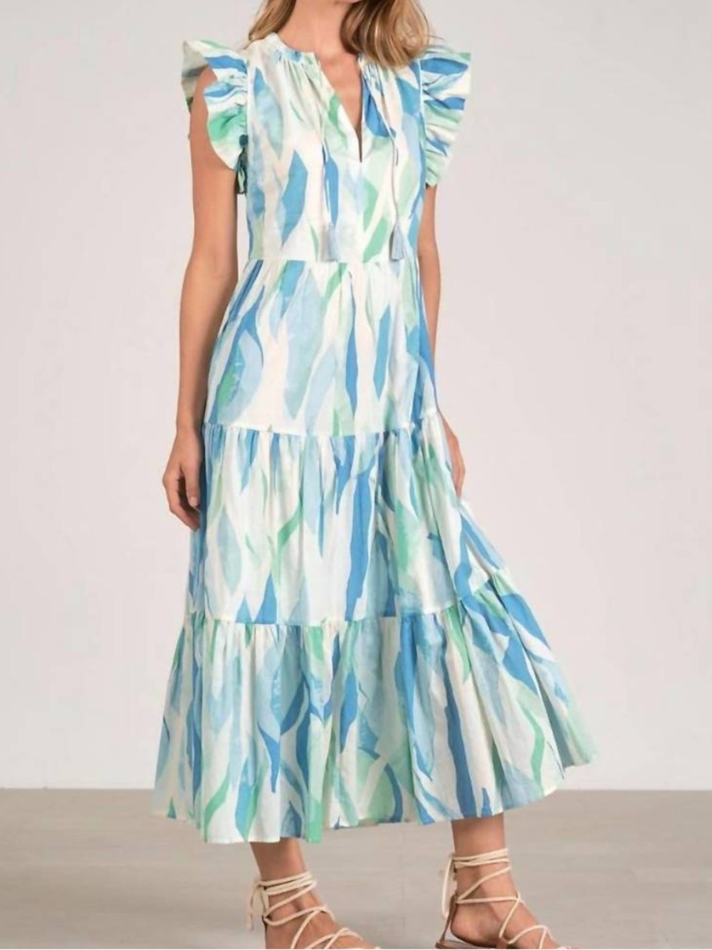 Elan Azure Amalfi Graphic Print Tiered Maxi Dress Small